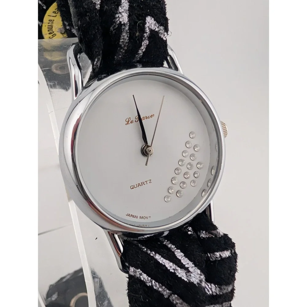Vintage Le Baron Watch Women 29mm Silver Case Black Leather Fabric Band- Working